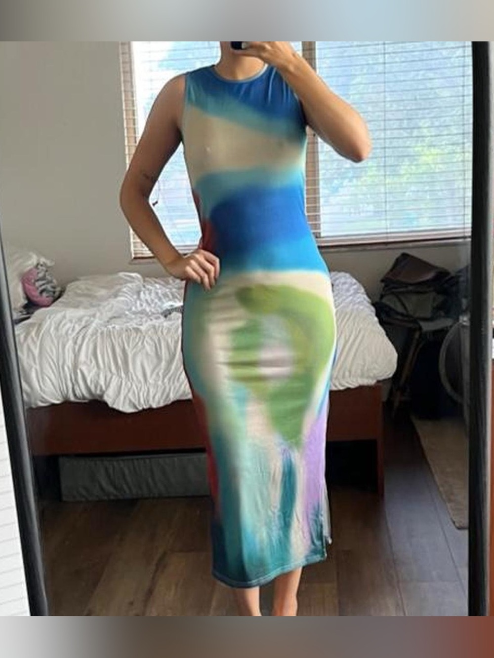 Multicolored Ribbed Halter Tie Dye Maxi-Midi Dress
